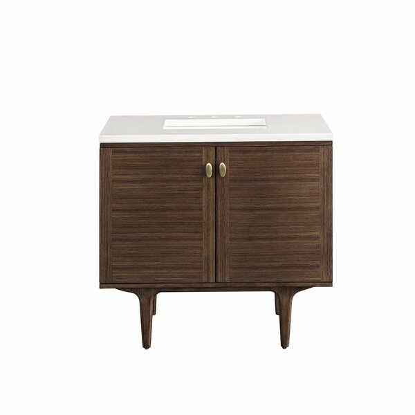 James Martin Vanities Amberly 36in Single Vanity, Mid-Century Walnut w/ 3 CM White Zeus Top 670-V36-WLT-3WZ